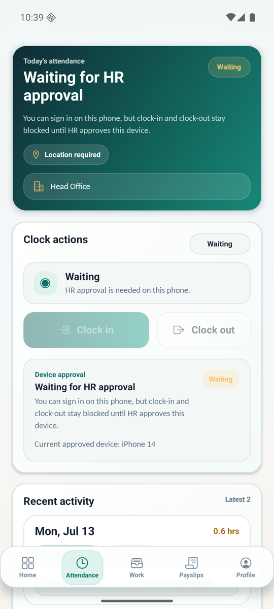 WorkforceSuite mobile attendance clock and device approval screen