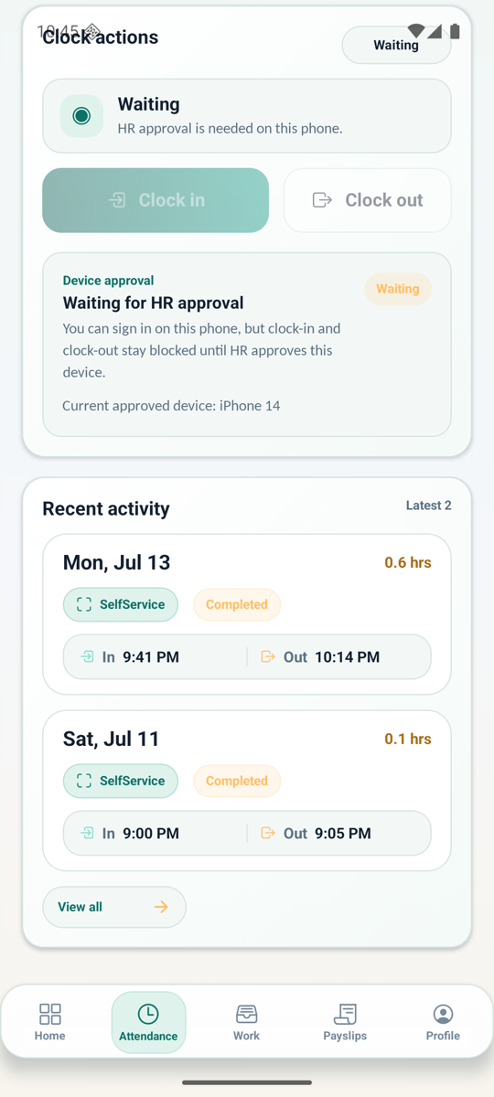 WorkforceSuite mobile attendance history screen