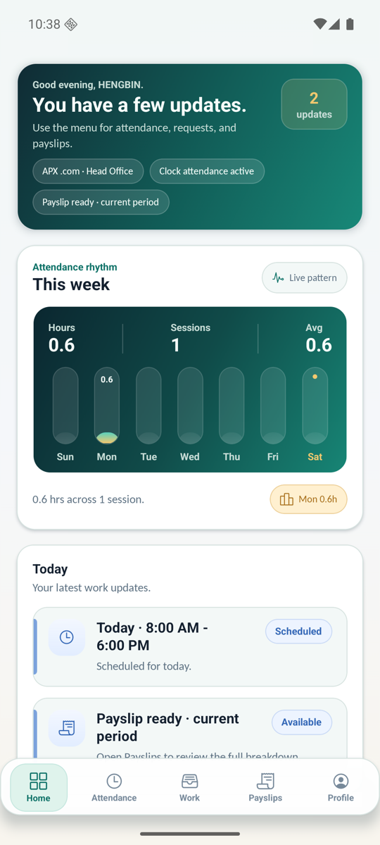 WorkforceSuite employee home screen with Home, Attendance, Work, Payslips, and Profile navigation