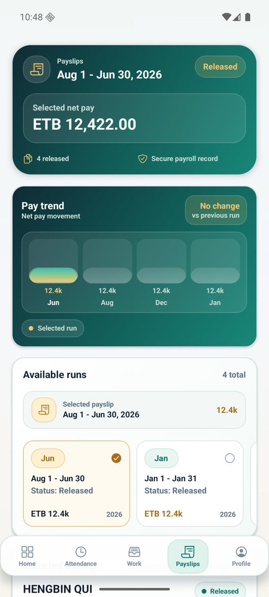 WorkforceSuite mobile payslips overview screen