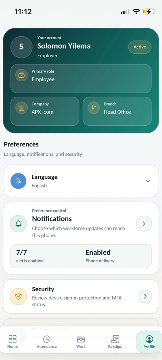 WorkforceSuite mobile profile and preferences screen