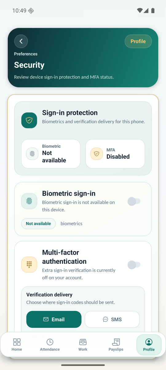 WorkforceSuite mobile security and multi-factor authentication screen