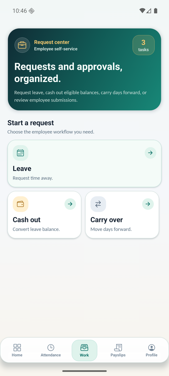 WorkforceSuite mobile employee work hub screen
